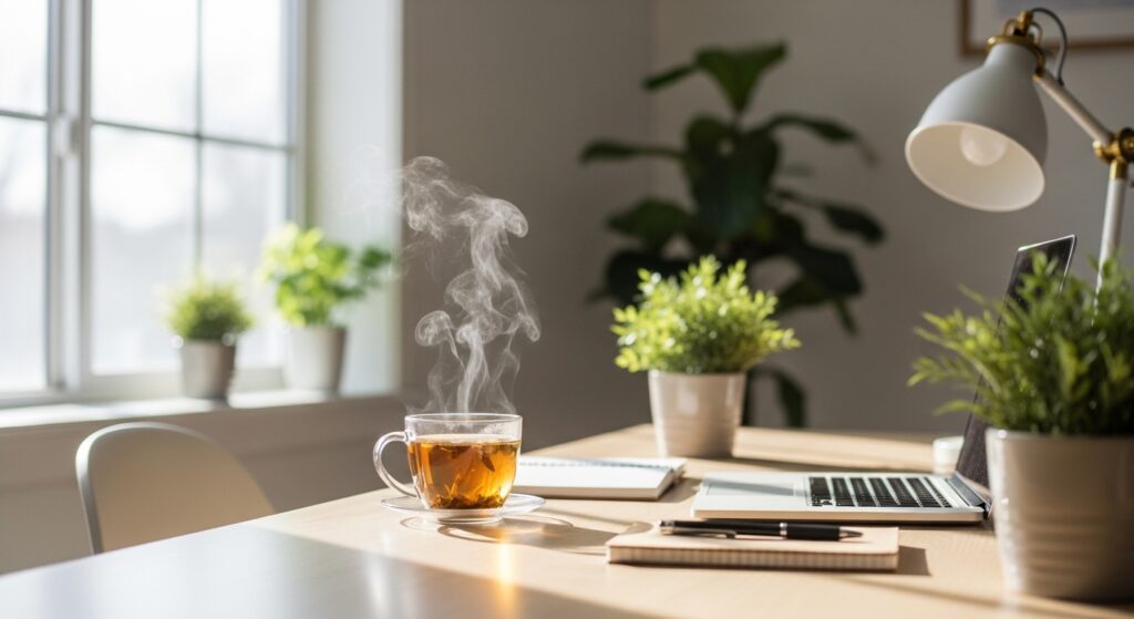 Une tasse de thé fumante sur un bureau lumineux avec des plantes.