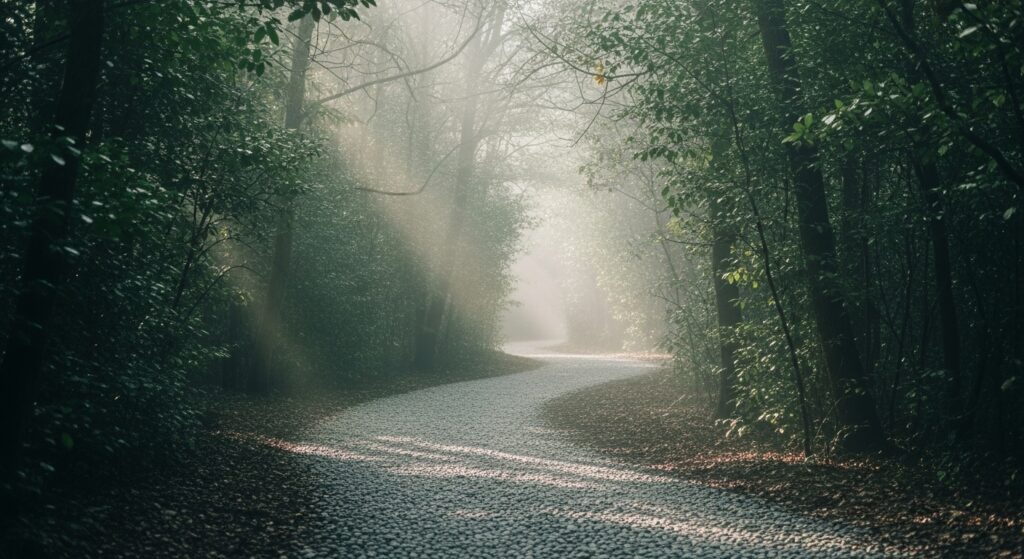 Un sentier sinueux en pleine forêt, entouré d'arbres verdoyants et enveloppé de brume matinale.