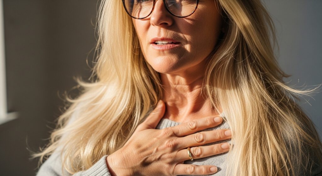 Femme avec des lunettes, main sur la poitrine, exprimant une émotion.