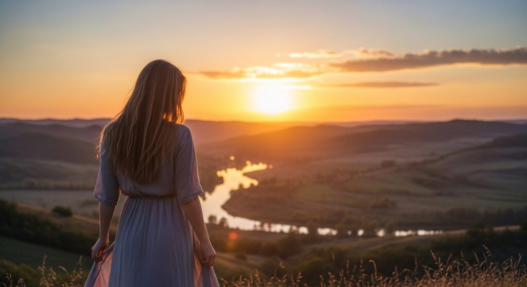 Une femme regardant un coucher de soleil sur un paysage vallonné avec une rivière.