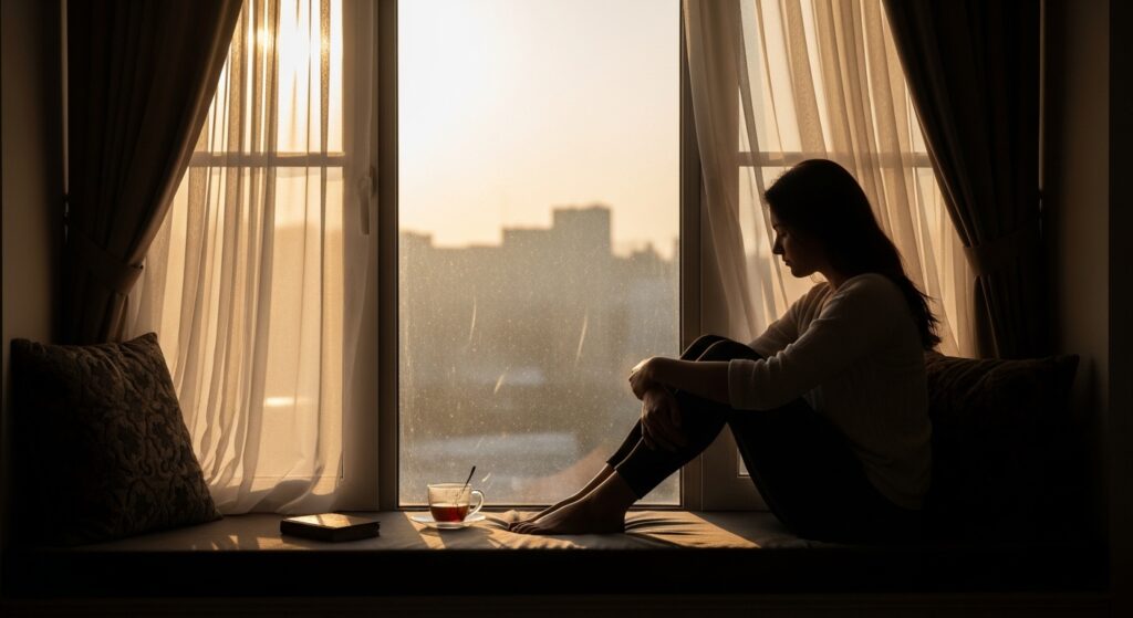 Femme assise sur un rebord de fenêtre, regardant au loin, avec une tasse de thé à côté d'elle et un livre.