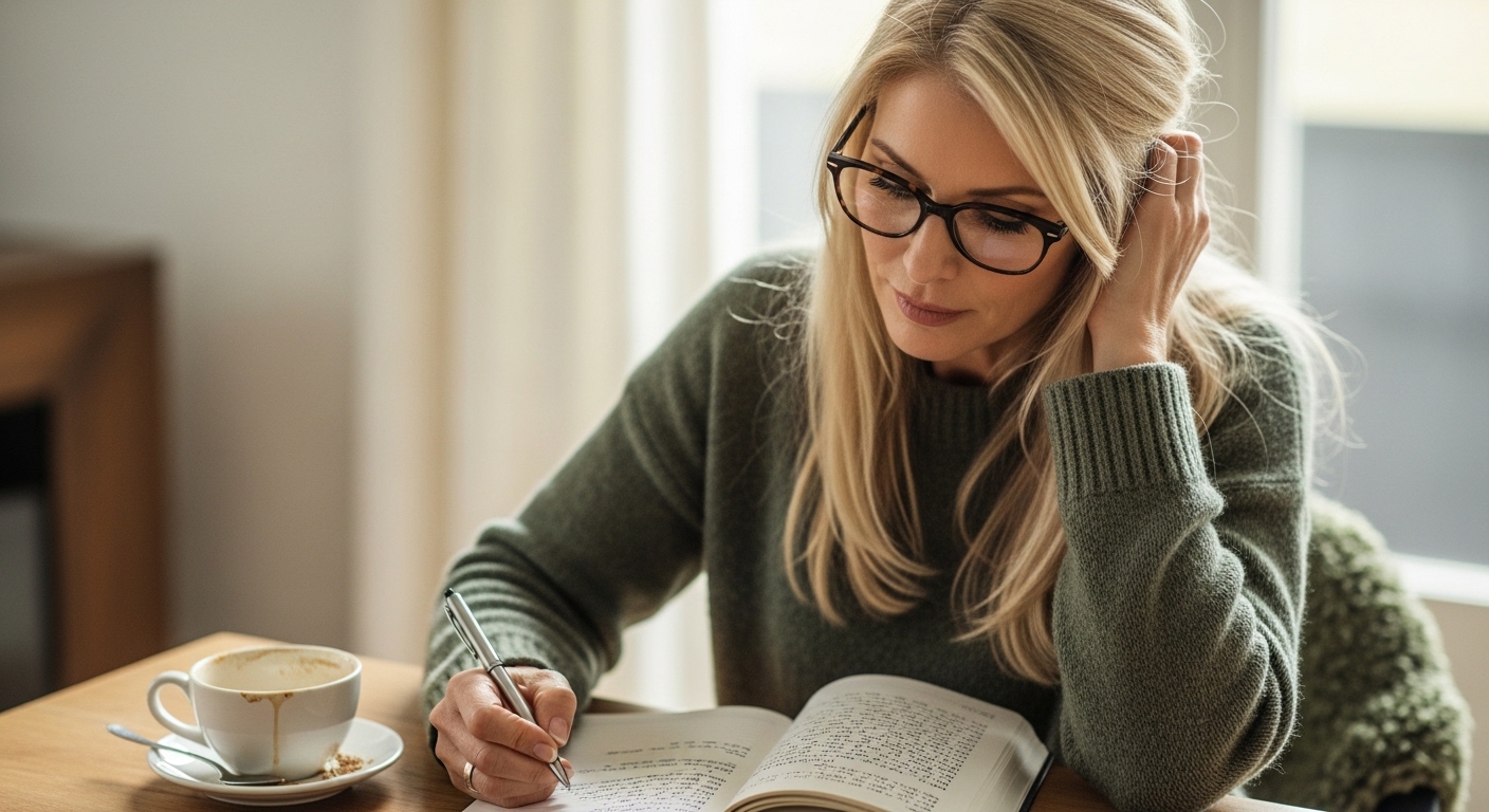 Femme lisant un livre en prenant des notes, avec une tasse de café à côté.