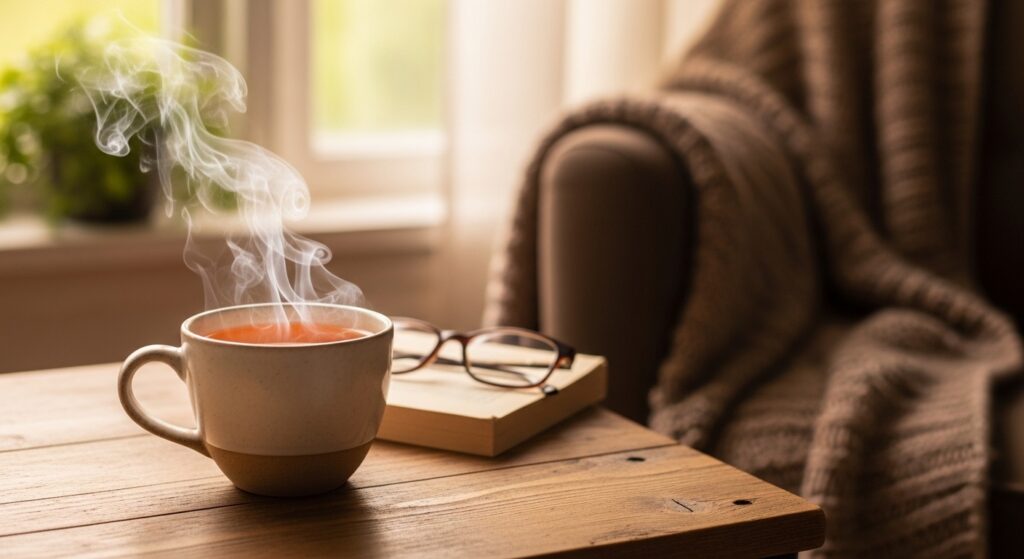 Une tasse de thé fumante posée sur une table en bois avec des lunettes et un livre à proximité, dans un environnement chaleureux.