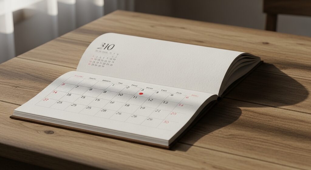 Un calendrier ouvert sur un bureau en bois, montrant le mois avec des dates et un point rouge sur le 3.