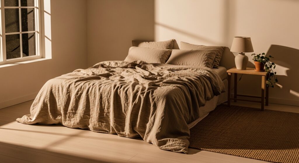 Une chambre lumineuse avec un lit aux draps beiges, une lampe et une plante sur une table en bois, créant une ambiance relaxante.