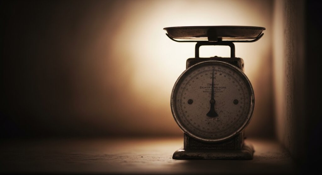 Une balance ancienne posée sur une surface en bois, éclairée par un fond doux.