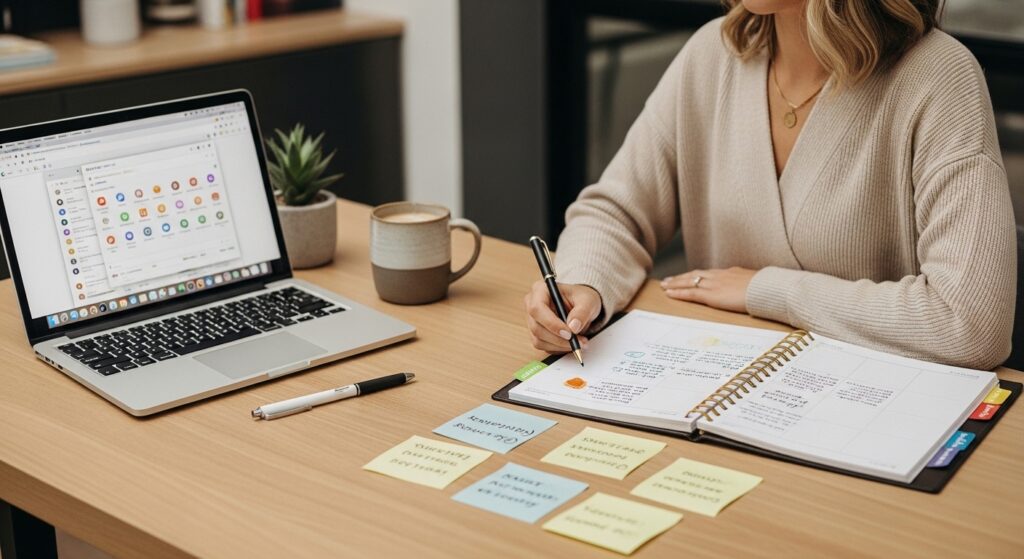 Une femme écrivant dans un carnet avec un ordinateur portable et des post-it sur une table en bois.