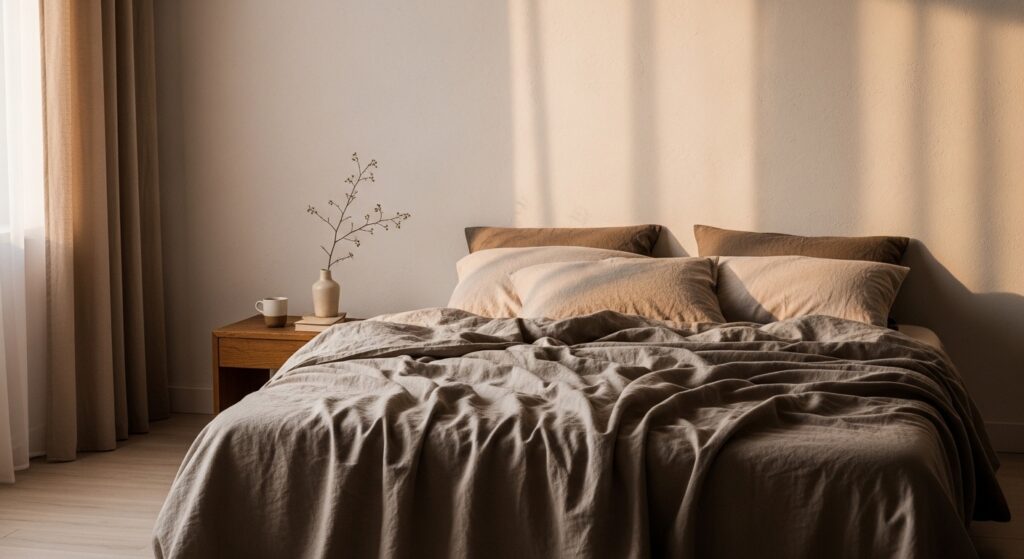 Intérieur d'une chambre avec lit, coussins beiges et vase sur une table en bois.