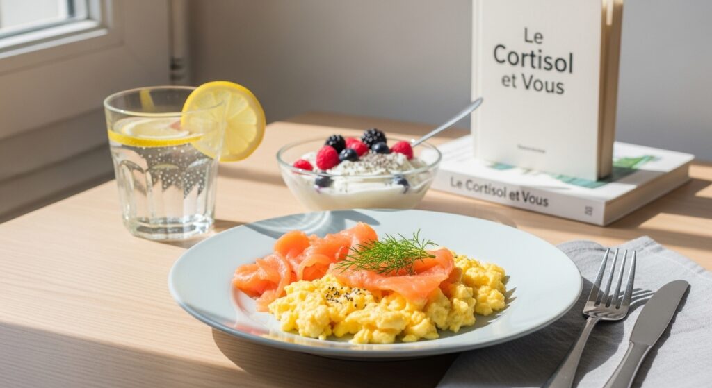 Un petit déjeuner à base d'œufs brouillés, de saumon fumé, d'un verre d'eau citronnée et d'un yaourt aux fruits, avec un livre sur la table.