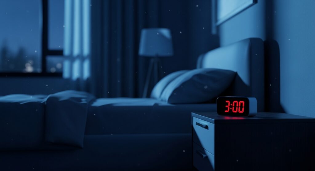 Une chambre sombre avec un réveil affichant 3:00 sur une table de nuit.