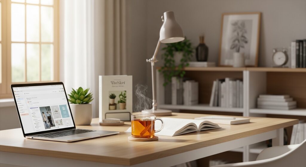 Un bureau lumineux avec un ordinateur portable, une tasse de thé fumante, et des livres sur une table en bois.