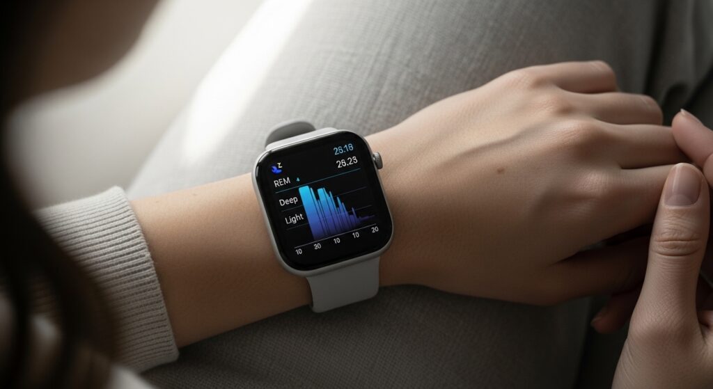 Une main portant une montre connectée affichant des données de sommeil sur un écran.