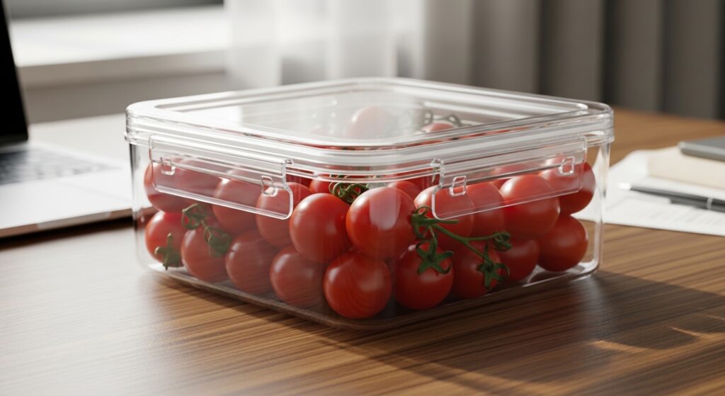 Un récipient transparent contenant des tomates cerises sur une table en bois.