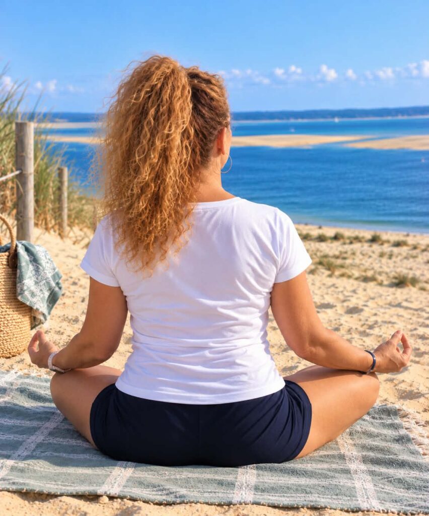 Femme méditant sur une plage, vue de dos, sur un tapis.