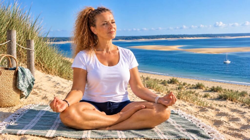 Femme méditant sur la plage, vêtue d'un t-shirt blanc, assise sur un tapis, avec un paysage marin en arrière-plan.